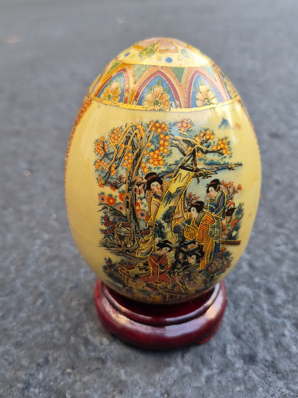 Vintage Satsuma Style Porcelain Egg with Wooden Stand